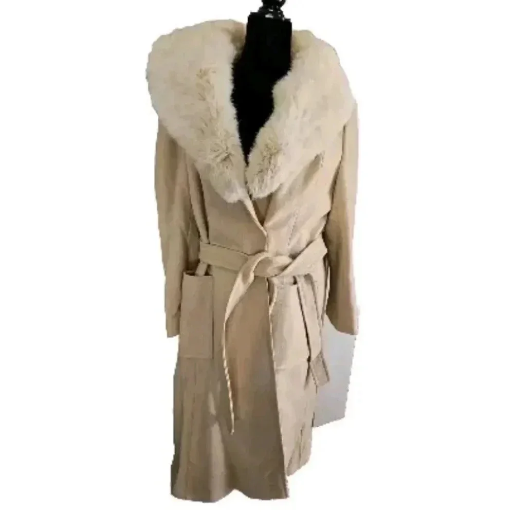 Youthcraft Women's Vintage Oatmeal Wool Princess Coat with Rabbit Fur Collar M